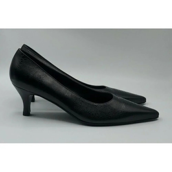 SALVATORE FERRAGAMO Black Leather Croc Point Toe Pumps Womens Kitten Heel 10B - Picture 6 of 12